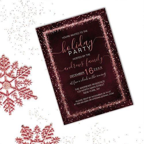 Burgundy Rose Gold Sprinkled Confetti Holiday Invitation