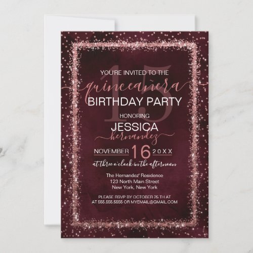 Burgundy Rose Gold Sprinkled Confetti Quinceaera Invitation