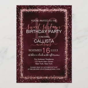 Burgundy Rose Gold Sprinkled Confetti Sweet 16 Invitation