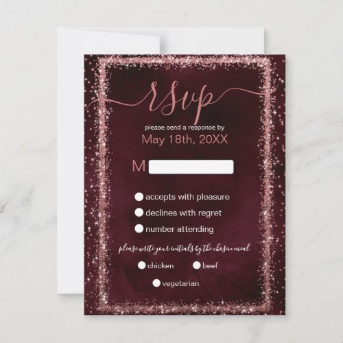 Burgundy Rose Gold Sprinkled Confetti Wedding RSVP Card