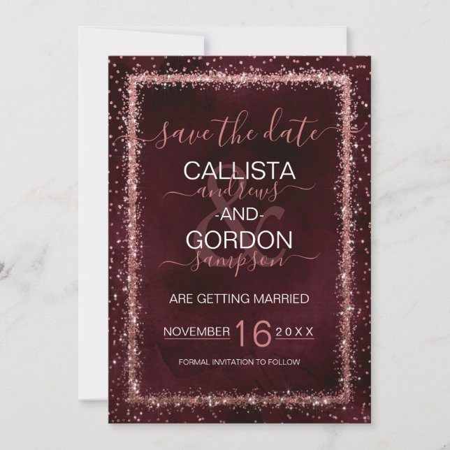 Burgundy Rose Gold Sprinkled Confetti Wedding Save The Date (Front)