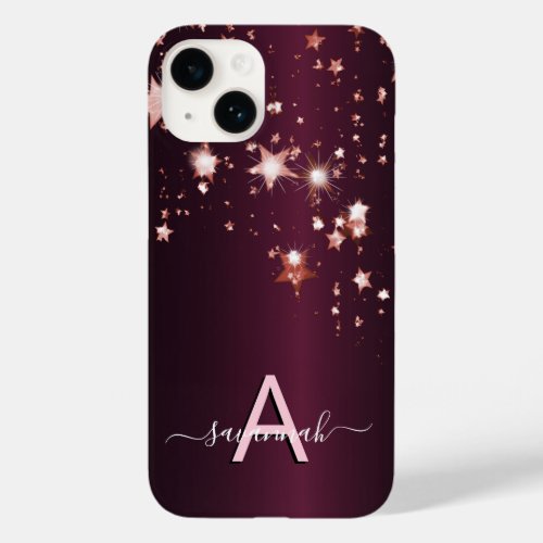 Burgundy rose gold stars monogram girly chic Case_Mate iPhone 14 case