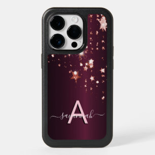 Burgundy rose gold stars monogram name OtterBox iPhone 14 pro case