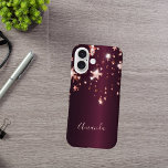 Burgundy rose gold stars name iPhone 16 case<br><div class="desc">An elegant,  girly and glam phone case. Rose gold stars.  Deep,  dark purple gradient background. Insert your name,  written with a modern hand lettered style script. Pink colored letters.</div>