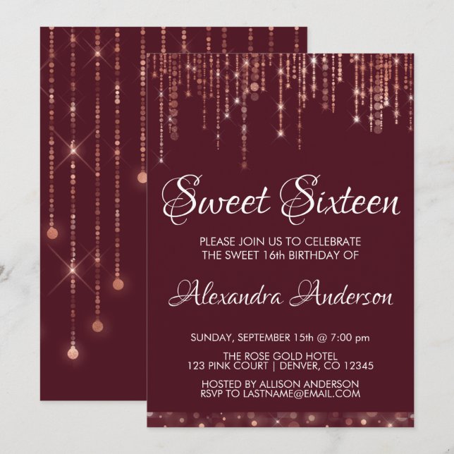 Burgundy Rose Gold Sweet Sixteen Birthday Invitation (Front/Back)
