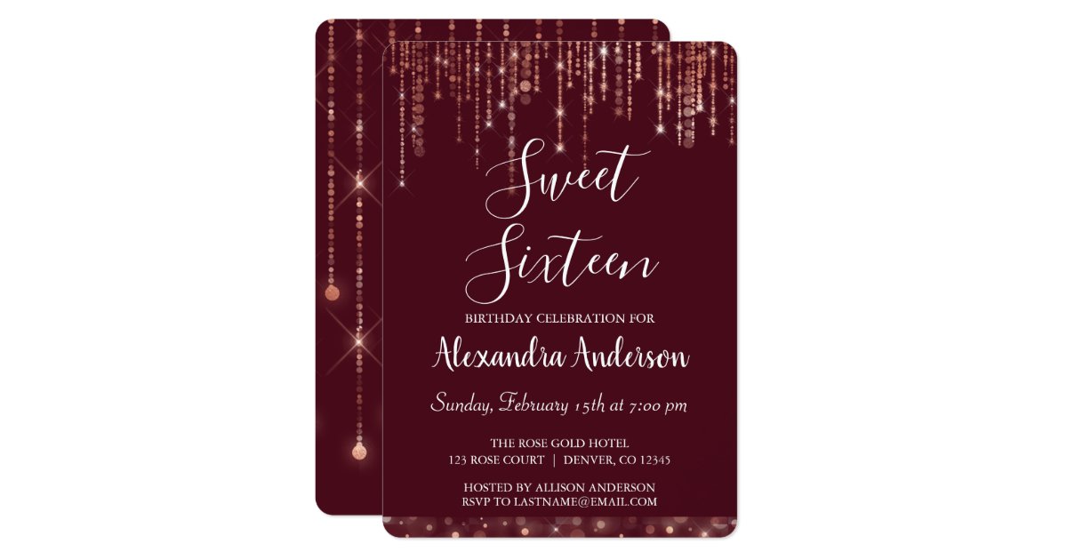 burgundy rose gold sweet sixteen birthday invitation birthday invitation postcards