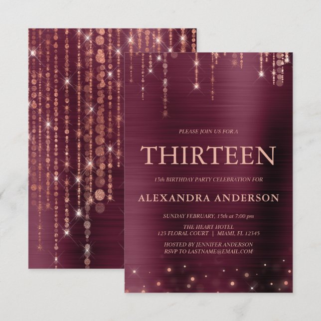 Burgundy Rose Gold Thirteen 13th Birthday Party Invitation (Front/Back)
