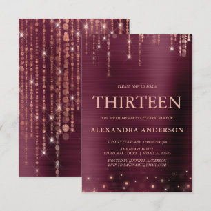 Burgundy Rose Gold Thirteen 13th Birthday Party Invitation