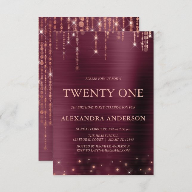 Burgundy Rose Gold Twenty One 21st Birthday Party Invitation (Front/Back)