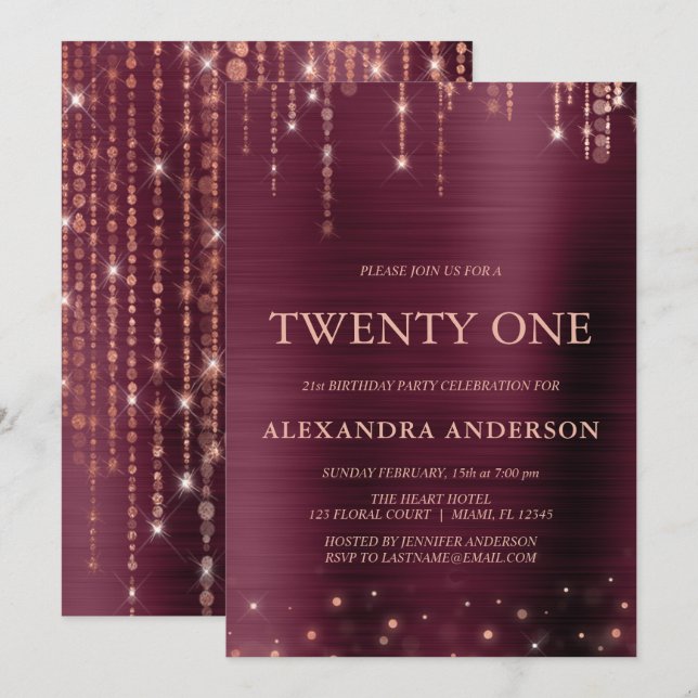 Burgundy Rose Gold Twenty One 21st Birthday Party Invitation (Front/Back)