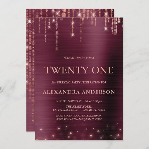 Burgundy Rose Gold Twenty One 21st Birthday Party Invitation