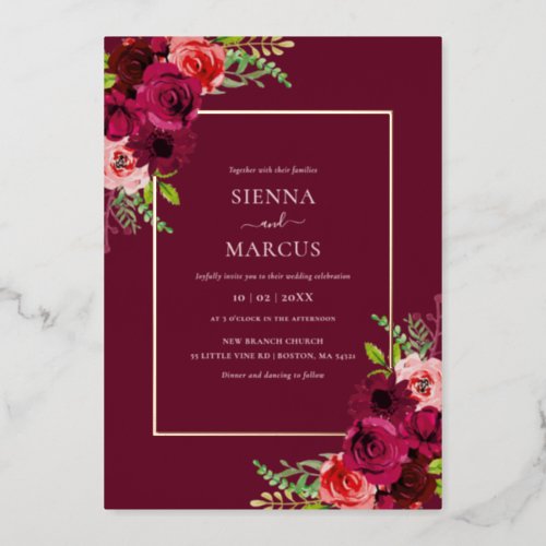 Burgundy Rose Gold Watercolor Flowers Wedding Foil Invitation