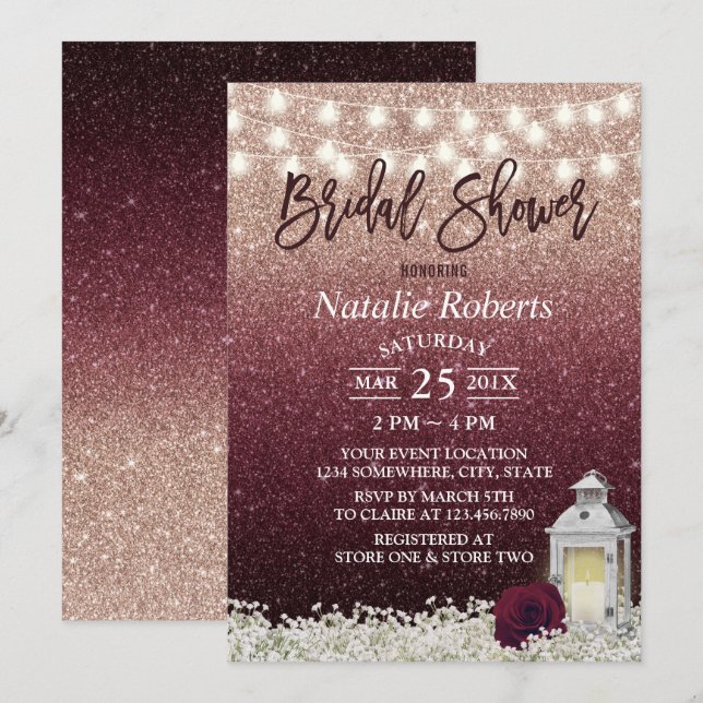 Burgundy & Rose Gold White Lantern Bridal Shower Invitation (Front/Back)