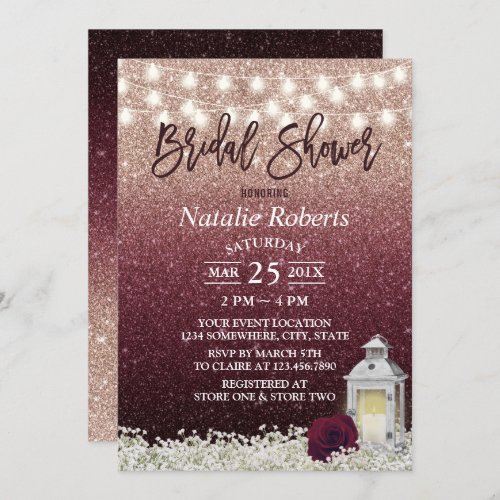 Burgundy  Rose Gold White Lantern Bridal Shower Invitation