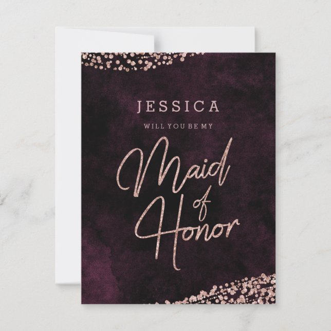 Burgundy Rose Gold Will You Be My Maid of Honor Invitation (Front)