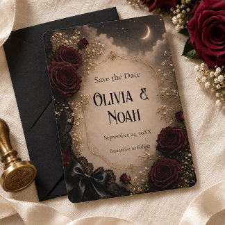 Burgundy Rose Gothic Moon Wedding Save the Date Invitation