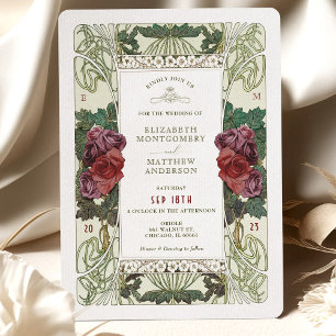 Burgundy Rose Navy Blue Art Nouveau Mucha Invitation