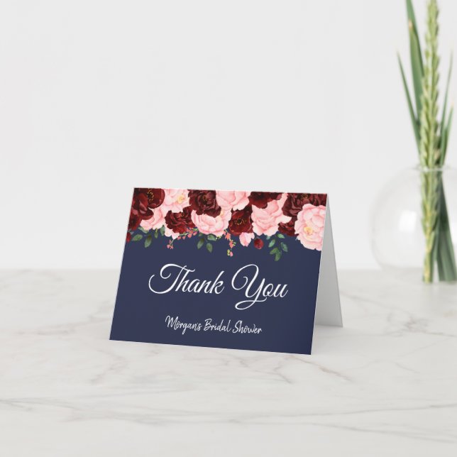 Burgundy Rose Navy Blue Bridal Shower Thank You (Front)
