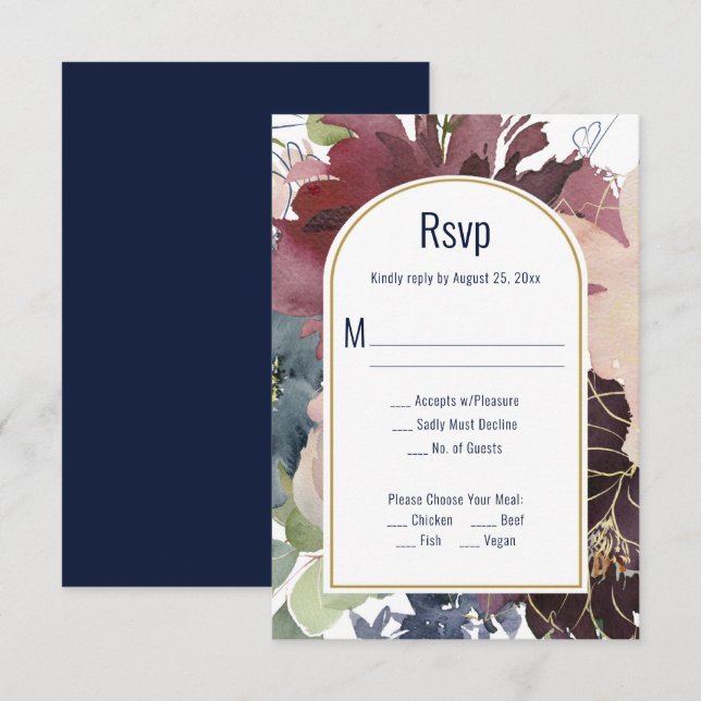 Burgundy, Rose, Navy Gold Arch RSVP Card (Front/Back)