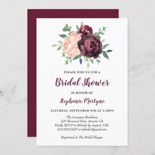 Burgundy Rose Peach Peony Bridal Shower Invitation