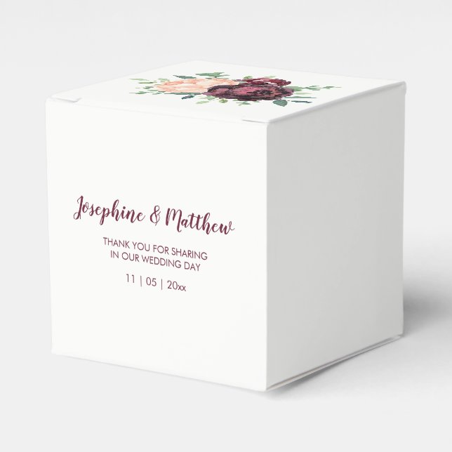 Burgundy Rose Peach Peony Floral Wedding Favor Boxes (Front Side)