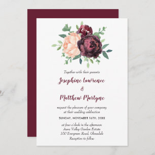 Burgundy Rose Peach Peony Floral Wedding Invitation