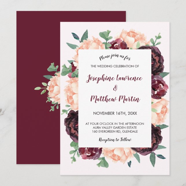 Burgundy Rose Peach Peony Floral Wedding Invitation (Front/Back)