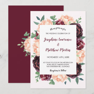 Burgundy Rose Peach Peony Floral Wedding Invitation