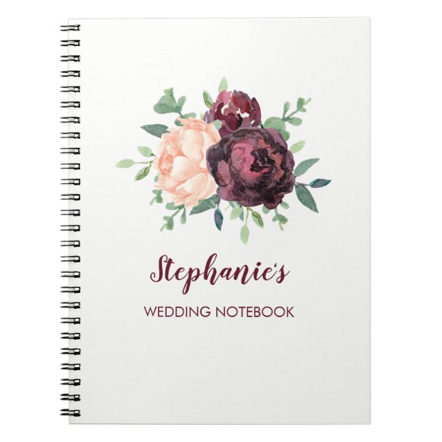 Burgundy Rose Peach Peony Personalized Wedding Notebook (Front)