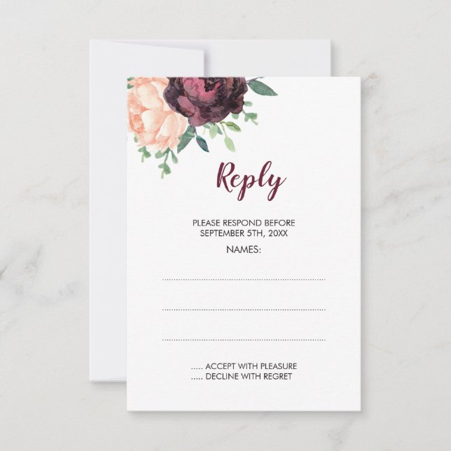 Burgundy Rose Peach Peony Wedding Reply Cards (Front)