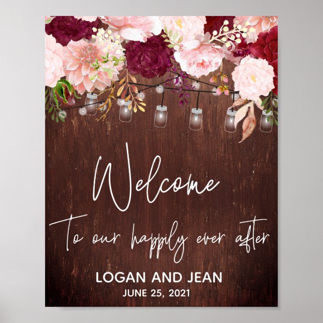 Burgundy Rose Pink Floral Mason Jar Welcome Sign (Front)