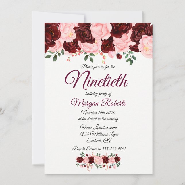 Burgundy Rose Pink Floral Ninetieth 90th Birthday Invitation (Front)