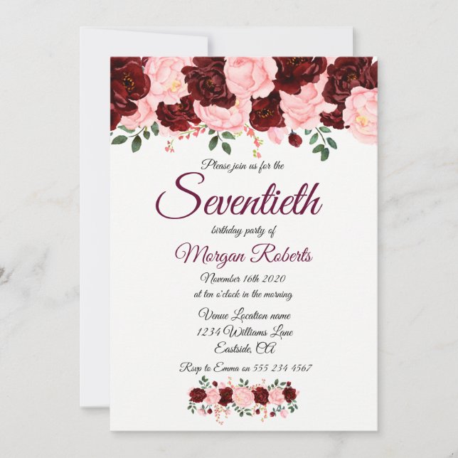 Burgundy Rose Pink Floral Seventieth 70th Birthday Invitation (Front)