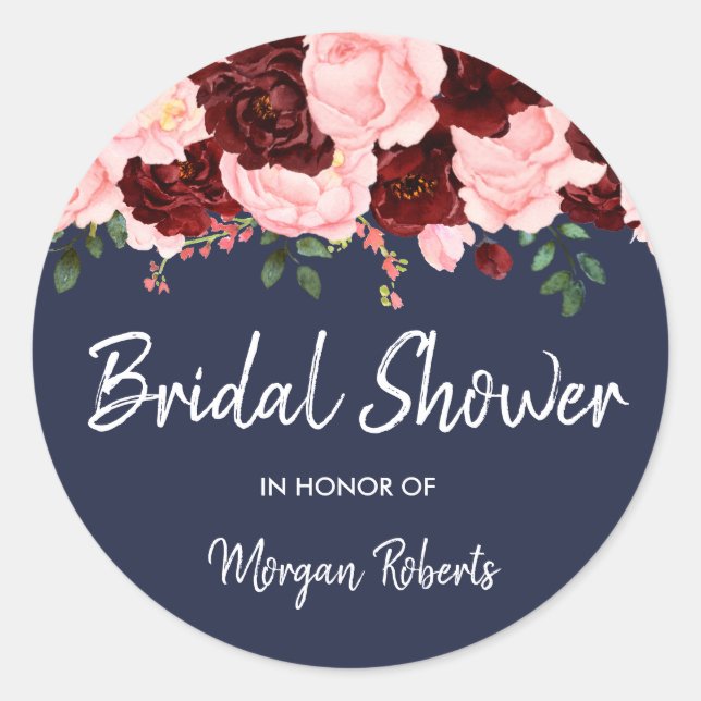 Burgundy Rose & Pink Navy Blue Bridal Shower Classic Round Sticker (Front)