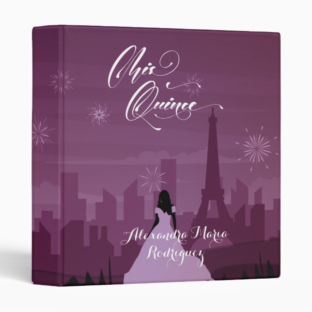 Burgundy Rose Pink Paris Fireworks Quinceañera 3 Ring Binder (Front/Spine)