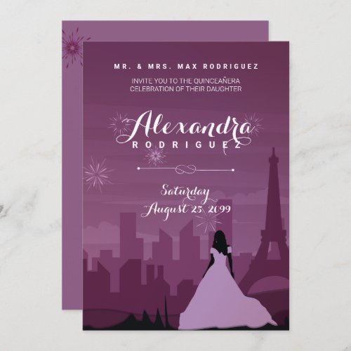 Burgundy Rose Pink Paris Fireworks Quinceaera Invitation