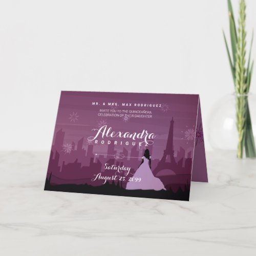 Burgundy Rose Pink Paris Fireworks Quinceaera Invitation