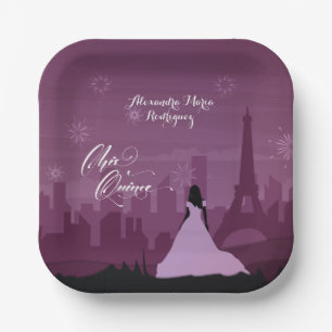 Burgundy Rose Pink Paris Fireworks Quinceañera Paper Plates