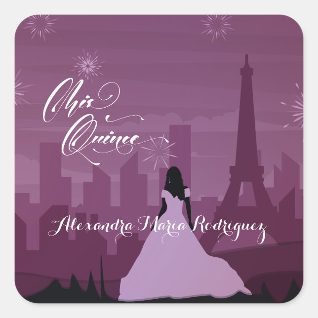 Burgundy Rose Pink Paris Fireworks Quinceañera Square Sticker (Front)