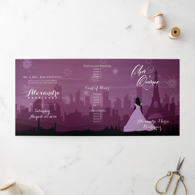 Burgundy Rose Pink Paris Fireworks Quinceañera Tri Tri-Fold Invitation (Outside)