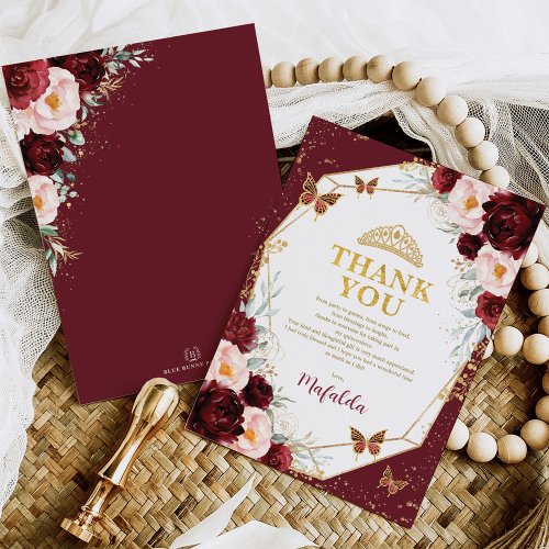 Burgundy Rose Quinceaera Butterfly Thank You Card