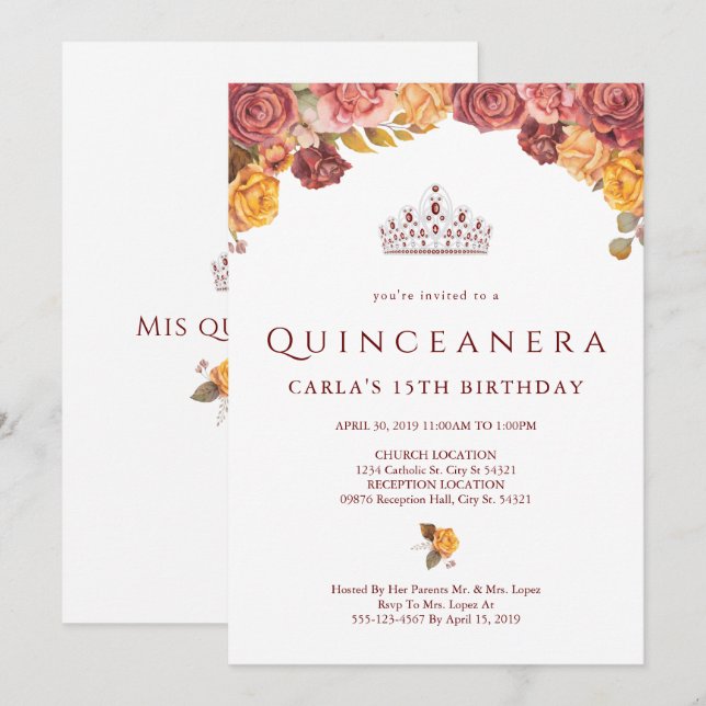 Burgundy Rose | Quinceanera Invitations (Front/Back)