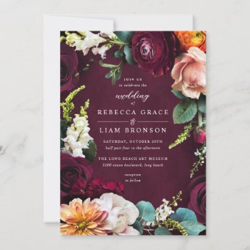 Burgundy Rose Ranunculus Wedding Invitation by beckynimoy at Zazzle