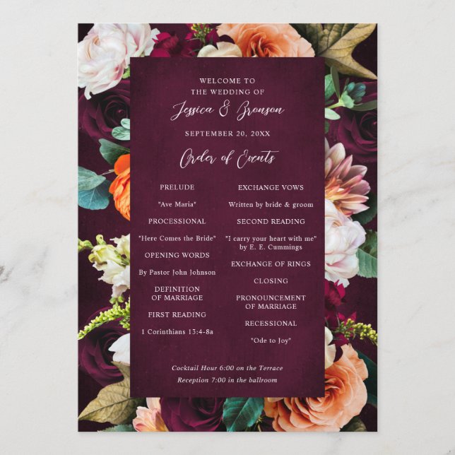 Burgundy Rose Ranunculus Wedding Program (Front)