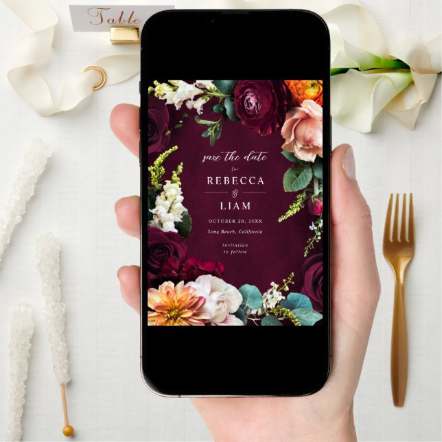 Burgundy Rose Ranunculus Wedding Save The Date (Front Digital)
