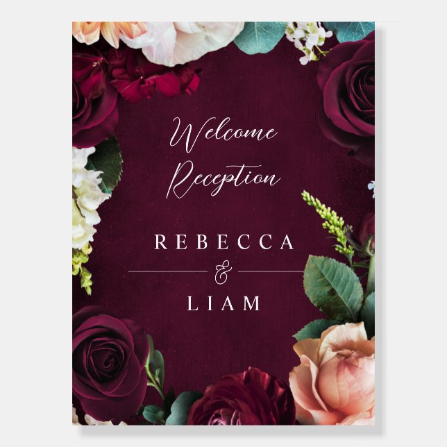 Burgundy Rose Ranunculus Wedding Welcome Foam Board (Front)