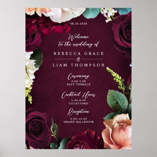 Burgundy Rose Ranunculus Wedding Welcome Poster
