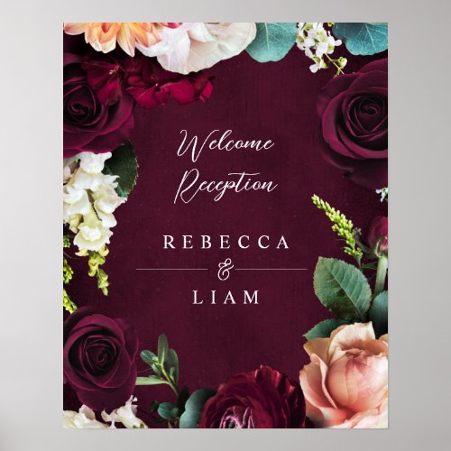 Burgundy Rose Ranunculus Wedding Welcome Poster