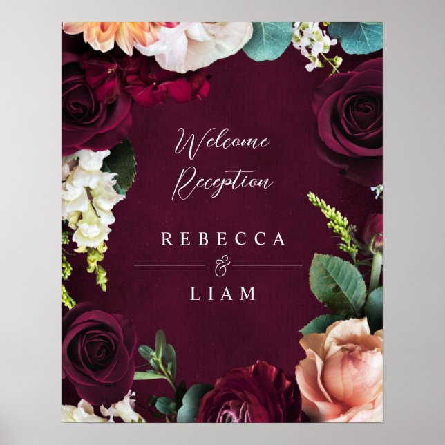 Burgundy Rose Ranunculus Wedding Welcome Poster (Front)