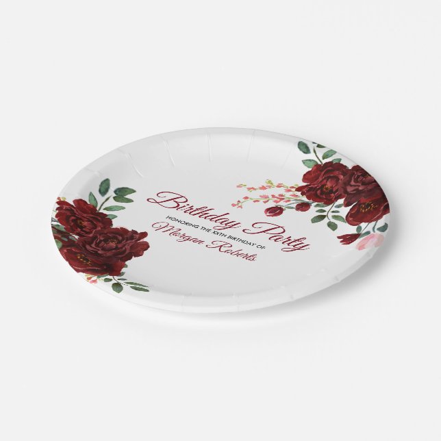 Burgundy Rose Romantic Birthday Party Paper Plates (Angled)
